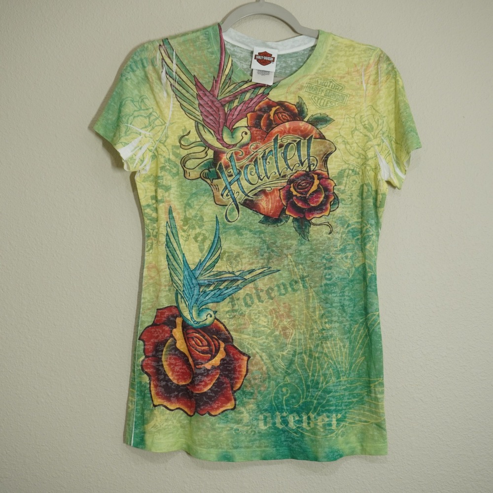 Harley-Davidson Women's XL Burnout T-Shirt Green Tattoo Rose Swallow Graphic